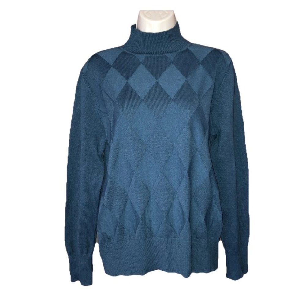 Vintage Austin Reed Blue Knit Turtleneck Top Diamond Pullover Sweater Women’s XL